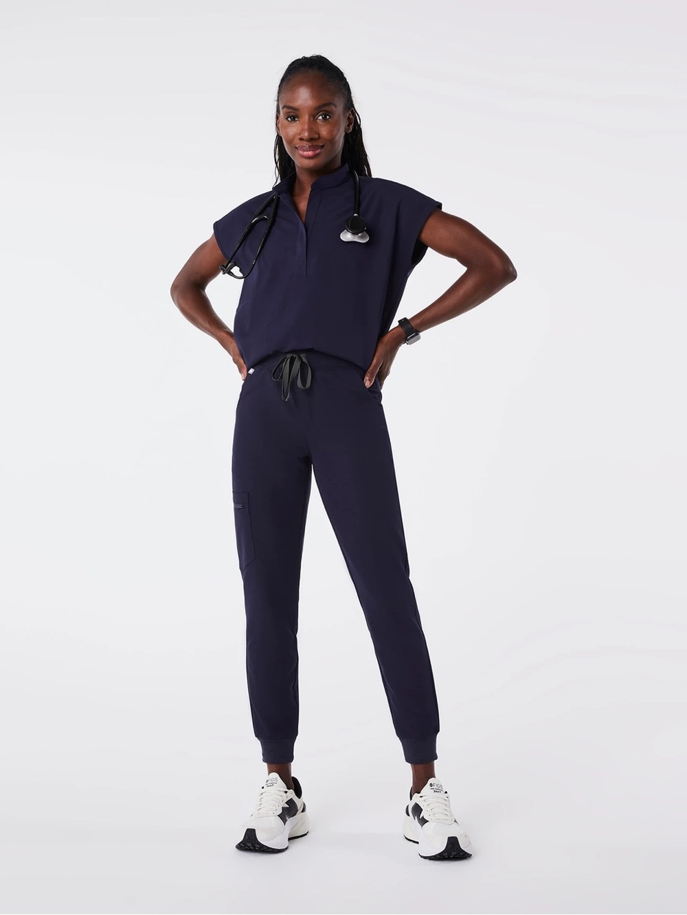 Figs Rafaela Oversized Scrub Top Navy Mandarin Cap-Sleeve Tunic - Picture 6 of 7